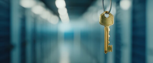 The key hanging in a blurred storage facility emphasizing security and access