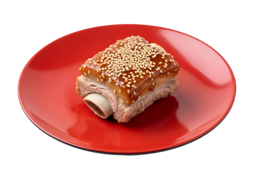 A close-up of glazed ribs, garnished with sesame seeds, on a glossy red plate against a black background.