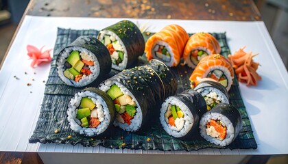 Variety of sushi rolls, colorful and fresh