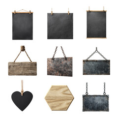 A collection of blank chalkboards and signage in various shapes and materials. Hanging Board isolated on white background, Transparent Background