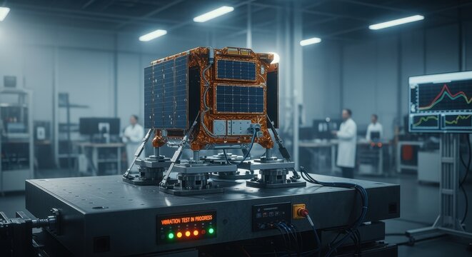 Satellite bus resting on electromechanical shaker table amid comprehensive vibration test to certify mission readiness.