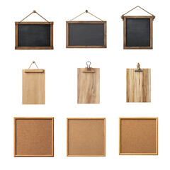 Collection of various empty frames for artistic or educational purposes. Hanging Board isolated on white background, Transparent Background