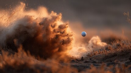 Dynamic action shot of a white golf ball escaping from sand during a late afternoon golf game on a sunny course