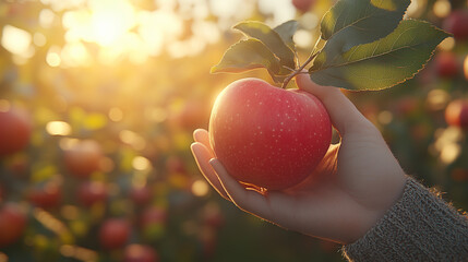 A hand gently holds a vibrant red apple on a leafy tree branch in a sunny golden orchard at sunset.