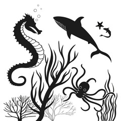 Black seahorse whale octopus starfish dolphin seaweed vector © rabby