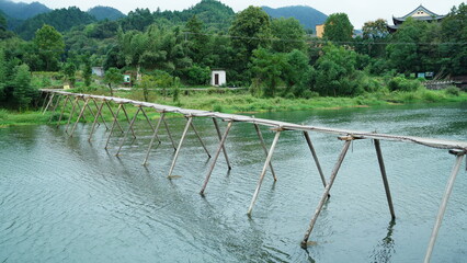 The classical wooden bridge view located in the countryside of the China
