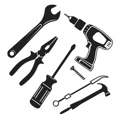 Black silhouettes of assorted mechanical tools and fasteners wrench pliers