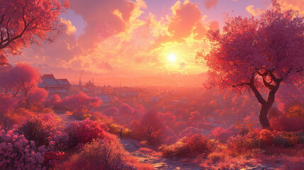 Vibrant pink cherry blossom trees blanket a peaceful hillside, offering a panoramic view of a distant city under a glowing sunset.