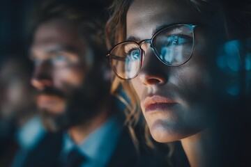 commotion as focused pros debate under sharp lighting sculpting faces like playful statues.