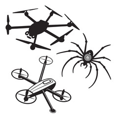 Black silhouettes of drones and spider quadcopter arachnid