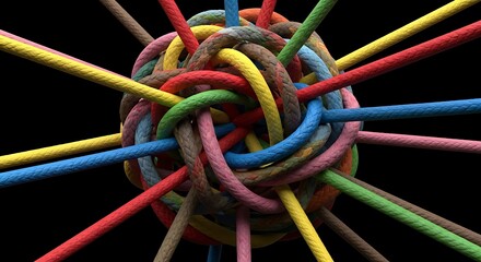 Ball of tangled rope with different colors on a black background