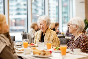 Joyful afternoon gathering of elderly friends enjoying brunch in a modern urban cafe