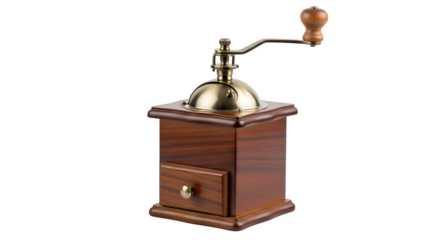 Vintage wooden coffee grinder isolated on transparent background, a classic manual mill for grinding coffee beans with a rustic and charming design