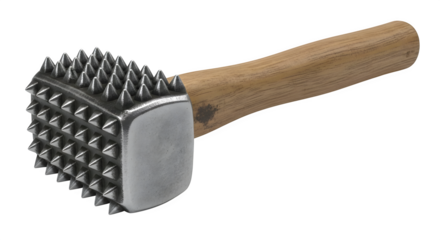 Meat tenderizer mallet with metal spikes isolated on transparent background, a kitchen tool for tenderizing meat and improving its texture