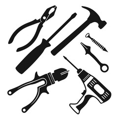 Black silhouettes of various tools on white background wrench hammer