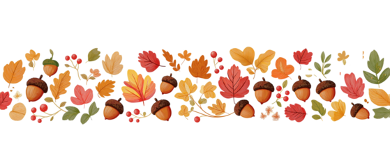 Seamless autumn garland vector pattern with colorful fall foliage, acorns, and berries in a playful, flat, and professional cartoon style on a transparent background
