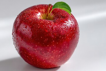 Red Apple with Water Droplets and Leaf on White