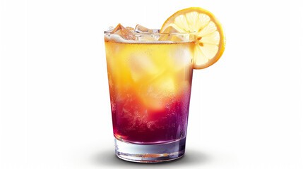 A refreshing iced beverage in a clear glass filled with crushed ice, layered with golden and red hues, topped with a lemon slice, symbolizing coolness, summer delight, and vibrant refreshment.