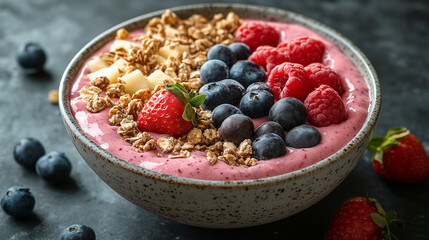 A vibrant pink smoothie bowl is generously topped with fresh blueberries, raspberries, strawberries, granola, and diced fruit.