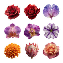 A stunning collection of diverse and colorful flowers in various shapes and sizes. Flower isolated on white background, Transparent Background