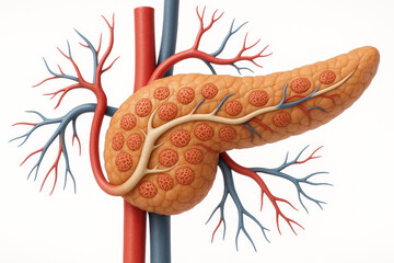 Human Pancreas Illustration with Blood Vessels and Ducts, isolated on white background. Illustration