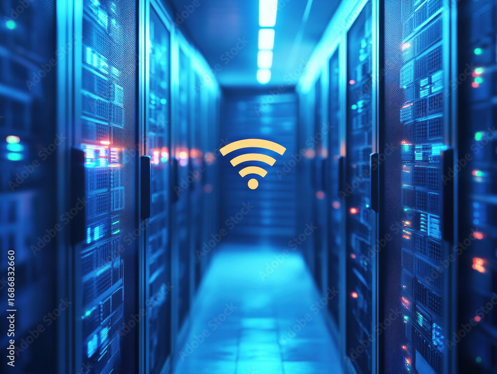 Poster a symbol of network connectivity is prominently displayed in the center of a data center lined with 