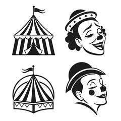 Circus tents and happy clown faces silhouette black and white