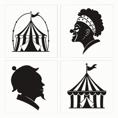 Circus tents and clown faces silhouettes vector