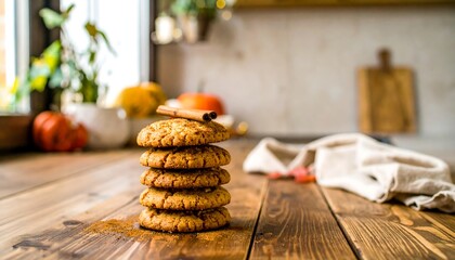 Stack of cookies on a wooden table, autumnal kitchen