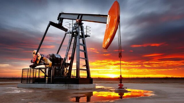 Oil Derrick at Sunset: An iconic oil derrick stands tall against a fiery sunset, embodying the energy industry's impact.  