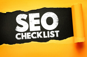 Bold white text SEO CHECKLIST revealed through a torn black paper background surrounded by vibrant...