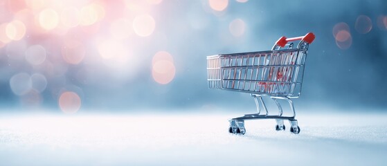 The shopping cart standing peacefully in a winter wonderland scene.