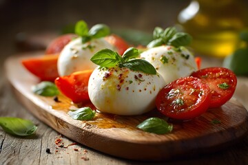 Mozzarella balls evoke warmth and freshness surrounded by vibrant tomatoes and basil.