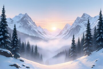 Fototapeta premium Snowy mountains in winter sunlight.