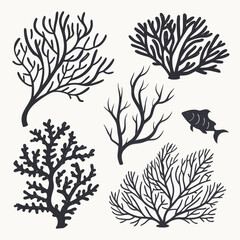 Dark coral reef and underwater plant shapes with fish vector