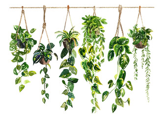 Indoor Hanging Greenery Display With Various Plants On Natural Twine In Bright Light