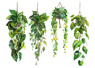 Four Kinds of Lush Green Houseplants Hanging in Natural Macrame Holders