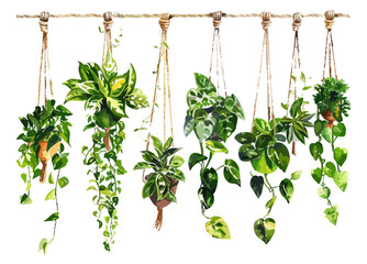 Vibrant Indoor Hanging Plants in Natural Macrame Pots Against a White Background