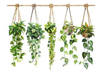Hanging Plants in Decorative Pots with Vibrant Leaves in a Bright Atmosphere