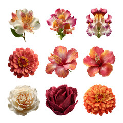 A vibrant collection of colorful flowers showcasing diverse shapes and hues. Flower isolated on white background, Transparent Background