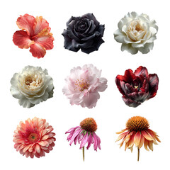 A vibrant collection of various floral blooms in diverse colors and shapes. Flower isolated on white background, Transparent Background