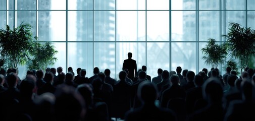 The audience captivated by the speaker in a modern conference setting.