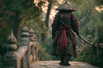 Samurai in full armor stands on stone bridge holding sheathed katana with visible surroundings.