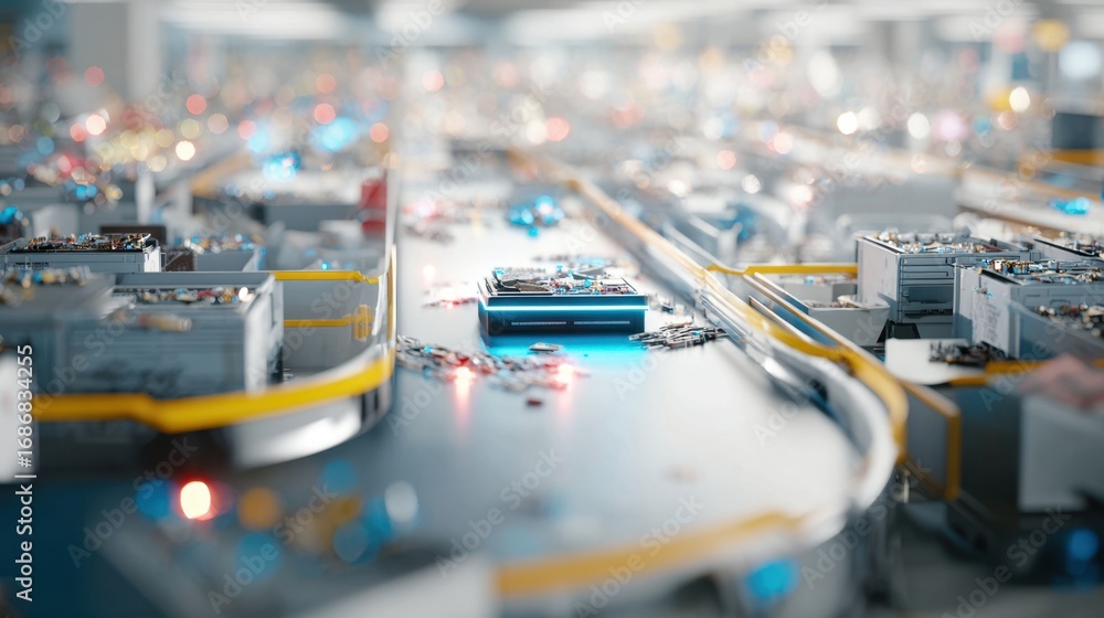 Poster medium shot of autonomous sorting bots scanning and organizing discarded electronics on a conveyor b
