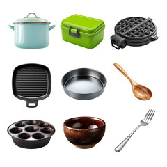 Various kitchen utensils and cookware arranged neatly on a white background. Kitchen wear isolated on white background, Transparent Background