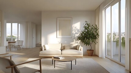 Fototapeta premium A serene minimalist living room with neutral tones, sleek design, and a large fireplace ideal for cozy peaceful nights.