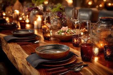 Fancy dinner with good food, classy glasses, and cozy lighting in a studio vibe.