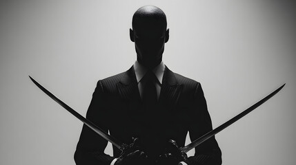 The A powerful silhouette man in an elegant suit, the Two of Swords