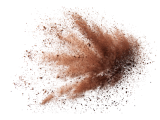 Earthy abstract brown dust explosion on black, creating a dynamic, textured effect ideal for cosmetic ads or artistic backgrounds, evoking a sense of raw, natural beauty