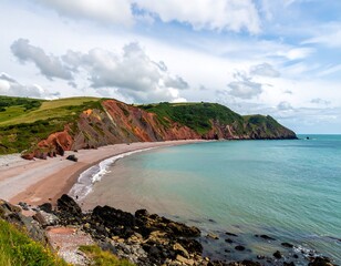Coastal beach scene with colorful cliffs